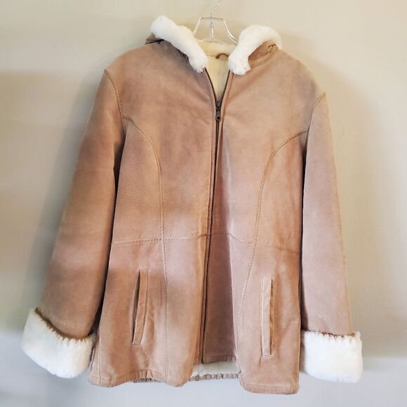 Wilsons Leather Women's Hooded Suede Jacket Brown Tan Size Large Penny Lane Y2K - Picture 3 of 9